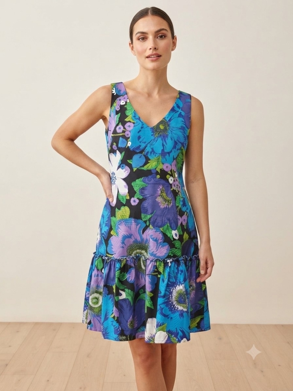 Trina Turk Blue Purple Floral Sleeveless Drop Waist Ruffle Dress Size 12